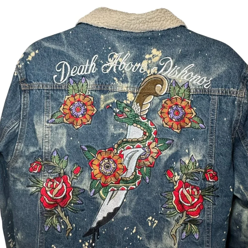 Reason Denim Sherpa Trucker Jacket Death Before Dishonor Embroidered Tattoo sz L